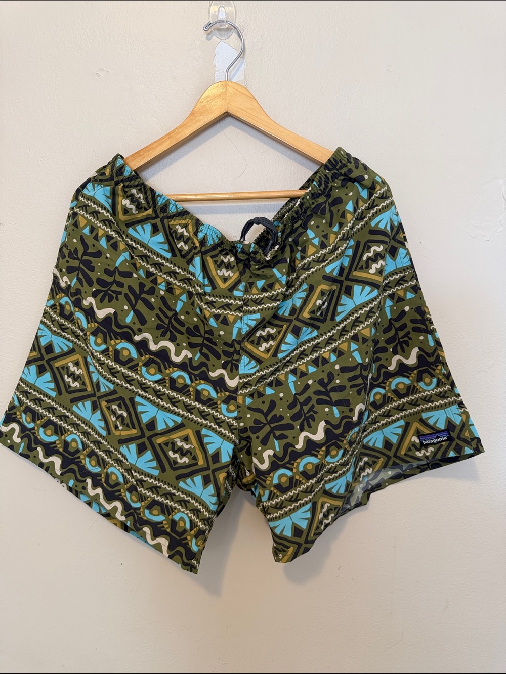 Patagonia Olive & Teal Patterned Drawstring Shorts